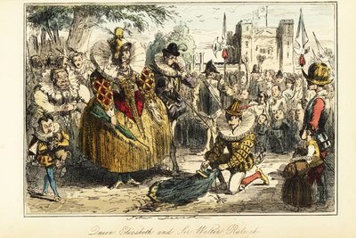 Sir Walter Raleigh legt zijn mantel over een plas voor koningin Elizabeth I in Greenwich door John (after) Leech