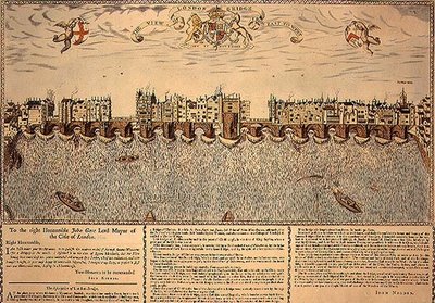Uitzicht op de London Bridge van oost naar west, herdruk van een gravure uit 1624 door John (after) Norden