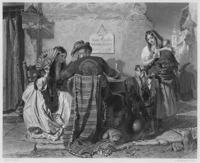 De Briefschrijver, Sevilla, uit het schilderij in de Koninklijke Collectie door John (after) Phillip
