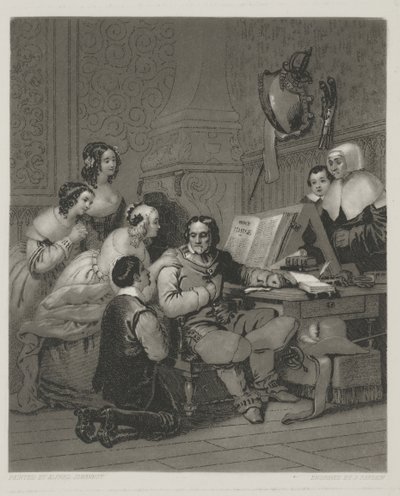 De familie van Cromwell smeekt om het leven van Karel I, prent gemaakt door Alfred Johannot door John (after) Sartain