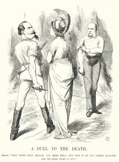 Punch cartoon: Een duel op leven en dood - de Frans-Duitse Oorlog (gravure) door John (after) Tenniel