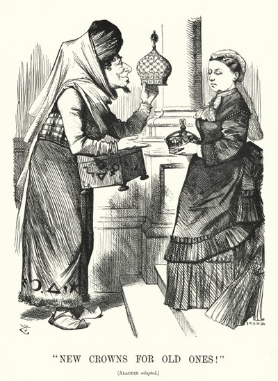 Punch cartoon: Nieuwe kronen voor oude. Benjamin Disraeli (als Aladdin) met koningin Victoria - de Royal Titles Act 1876 die de koningin erkent als keizerin van India (gravure) door John (after) Tenniel