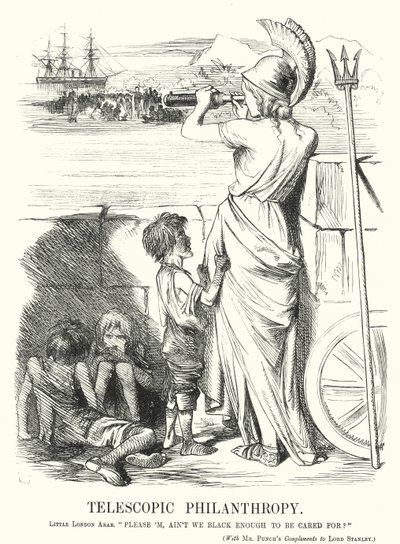Punch cartoon: Telescopische Filantropie - de preoccupatie van de Victoriaanse middenklasse met hulp voor de armen in het buitenland in plaats van thuis door John (after) Tenniel