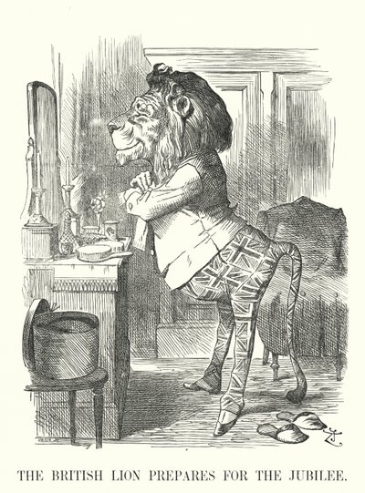 Punch cartoon: De Britse leeuw bereidt zich voor op het jubileum - Gouden Jubileum van koningin Victoria door John (after) Tenniel