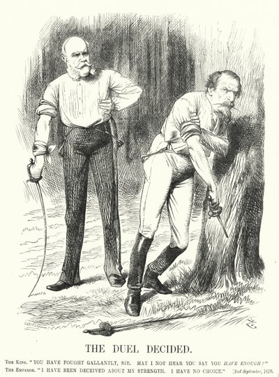 Punch cartoon: Het duel beslist - de nederlaag van Frankrijk in de Frans-Duitse Oorlog door John (after) Tenniel