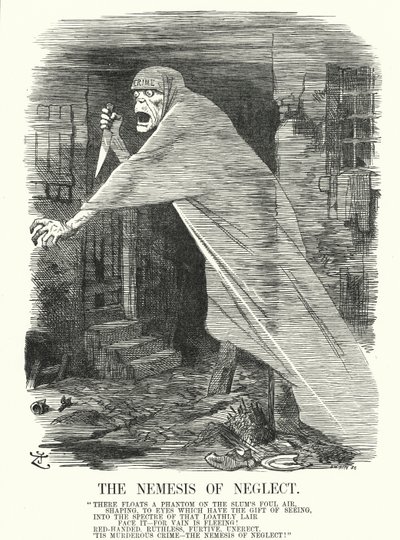 Punch cartoon: De Nemesis van verwaarlozing - armoede en misdaad in Londen ten tijde van de Jack the Ripper-moorden (gravure) door John (after) Tenniel