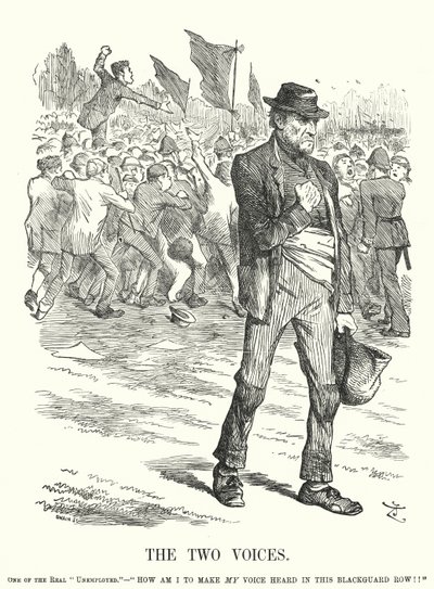 Punch cartoon: De Twee Stemmen - werkloosheid en sociale onrust in Victoriaans Groot-Brittannië door John (after) Tenniel