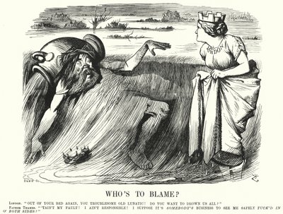 Punch cartoon: Wie is de Schuldige? - oproepen om actie te ondernemen om overstromingen van de Theems in Londen te voorkomen (gravure) door John (after) Tenniel