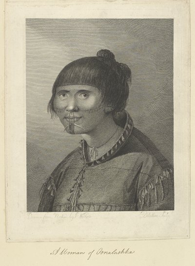 Een vrouw van Oonalashka. Getekend naar de natuur door J. Webber, en gegraveerd door Jean-Marie Delatre. Tekening van het hoofd en de schouders van een vrouw die driekwart naar links kijkt. Ze draagt een nauwsluitende zeehondenhuidjas waarvan kralen aan de door John (after) Webber