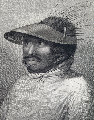Portret van een man uit Oonalashka (of Unalaska, Alaska, Verenigde Staten). Gravure uit de late 18e eeuw, door William Sharp (?), naar John Webber (1751-1793). door John (after) Webber