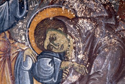 Beeld van heilige, door Ioannis Pagomenos, detail van fresco in Byzantijnse kerk van St George, Anidri, Kreta, Griekenland door Walter Charles Mills