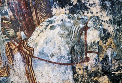 Paard, beschadigd fresco op plafond in de kerk van Agios Vasileios, Vavouledo, Kreta, Griekenland door Walter Charles Mills