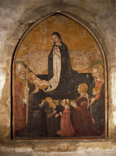 Italië, Milaan, Kerk van St. Maria de Genadige, Kapel van de Toren, Maagd die het Kind aanbidt, fresco door Walter Charles Mills