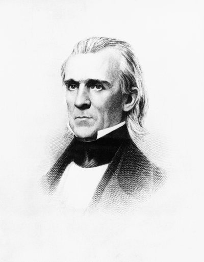 Portret van James Knox Polk (1795-1849), Amerikaanse advocaat en politicus die diende als 11e president van de Verenigde Staten van 1845 tot 1849, gravure naar daguerreotypie door Mathew Brady (1822-1896) door Walter Charles Mills