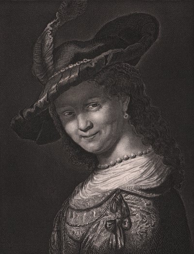 Portret van Saskia van Uylenburgh (1612-1642), vrouw van Rembrandt, gravure door L Raab naar schilderij van Rembrandt, uit Payne