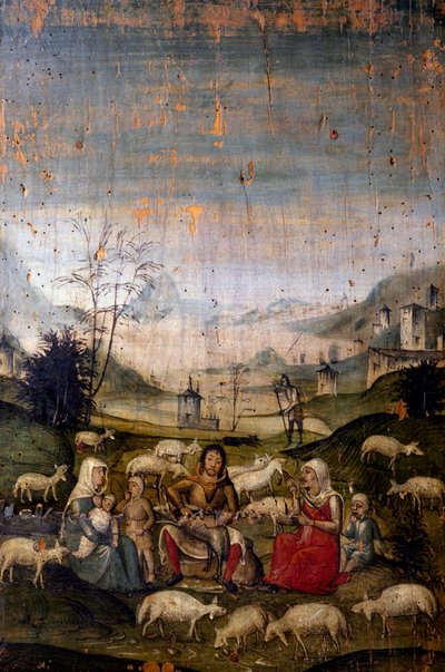 Scène uit het Oude Testament, beschilderd bord, detail van kasten van de Oude Sacristie, Kerk van St. Maria de Genadige, Milaan, Italië door Walter Charles Mills