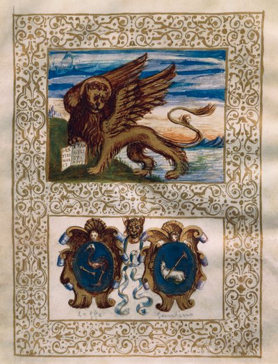 De gevleugelde leeuw van Venetië en de wapenschilden van Leffe en Gandino, miniatuur uit het Privilegio della Serenissima alla Val Gandino, 18 juni door Walter Charles Mills