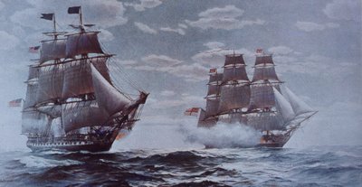 USS Constitution en HMS Java door Walter Charles Mills