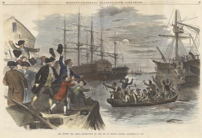De Boston Tea Party - Vernietiging van de Thee in de Haven van Boston, 16 december 1773, uit Ballous Pictorial Drawing-Room Companion, uitgegeven 1865 door John Andrew