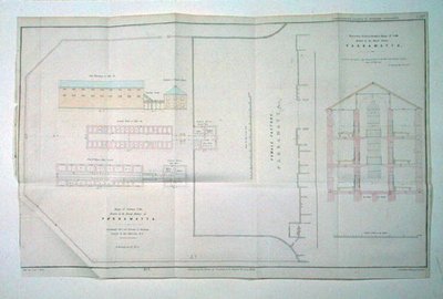 Rij van eenzame cellen opgericht in de Vrouwelijke Fabriek in Parramatta, Nieuw-Zuid-Wales door John Arrowsmith