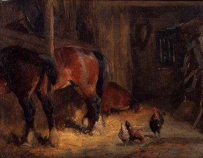 Een stalinterieur met paarden en kippen door John Atkinson
