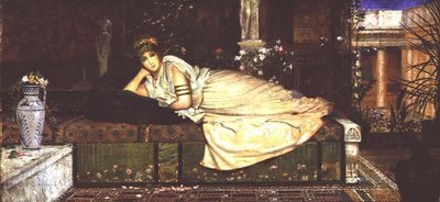 Een klassieke dame in een interieur door John Atkinson Grimshaw