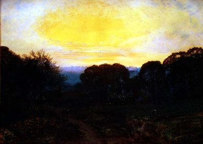 Een tuinman die een koolveld graaft bij zonsondergang door John Atkinson Grimshaw