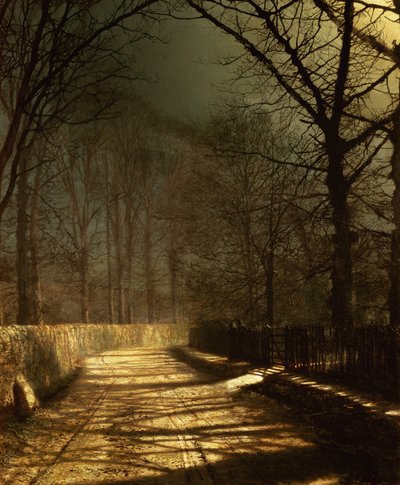Een maanverlichte laan. Twee geliefden bij een hek door John Atkinson Grimshaw