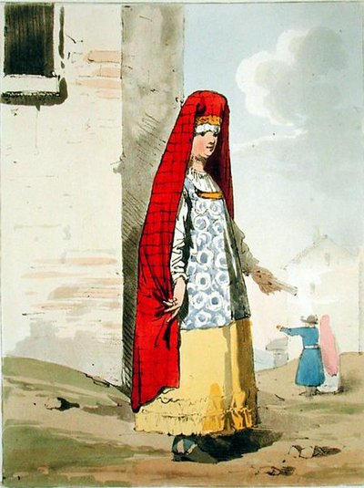 De vrouw van een koopman, geëtst door de kunstenaar, gepubliceerd 1804 door John Augustus Atkinson