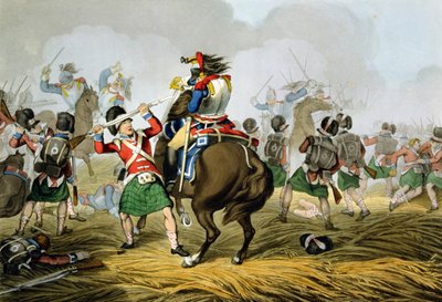 Franse Cuirassiers bij de Slag van Waterloo, aangevallen en verslagen door de Highlanders en Scots Greys, gegraveerd door Matthew Dubourg uit 