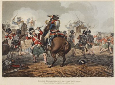 Franse Cuirassiers in de slag bij Waterloo aangevallen en verslagen door de Highlanders en Scotch Greys, gegraveerd door M. Dubourg, 1819 door John Augustus Atkinson