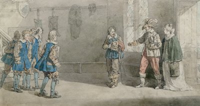 Petruchio, Katarina en bedienden in een scène uit 
