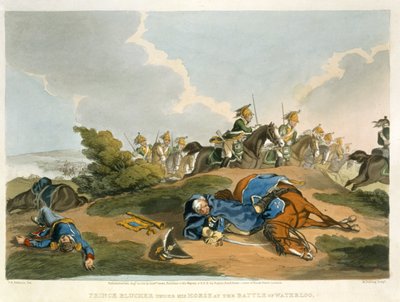 Prins Blucher onder zijn Paard bij de Slag om Waterloo, gegraveerd door Matthew Dubourg uit 