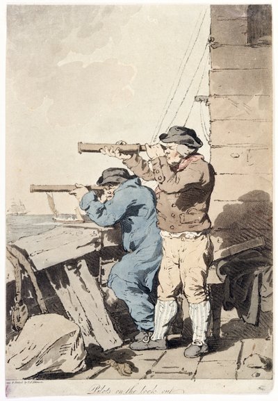 Twee piloten op surveillance, elk met hun eigen telescoop, gericht op zee, vanaf het platform van een versterkt gebouw door John Augustus Atkinson