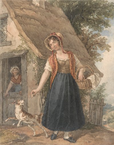Jonge Vrouw met Hond Buiten een Huisdeur door John Augustus Atkinson