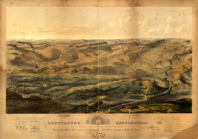 Slagveld van Gettysburg. Slag gevochten bij Gettysburg, Pa., 1, 2 en 3 juli 1863 door de federale en confederale legers, respectievelijk onder bevel van Genl. G. G. Meade en Genl. Robert E. Lee door John Bachelder