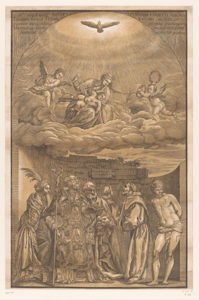Maria in de wolken en zes heiligen door John Baptist Jackson