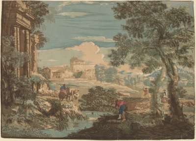 Heroïsch Landschap met Visser, Koeien en Ruiters door John Baptist Jackson after Marco Ricci