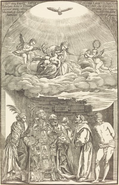De Maagd in de wolken en zes heiligen door John Baptist Jackson after Titian