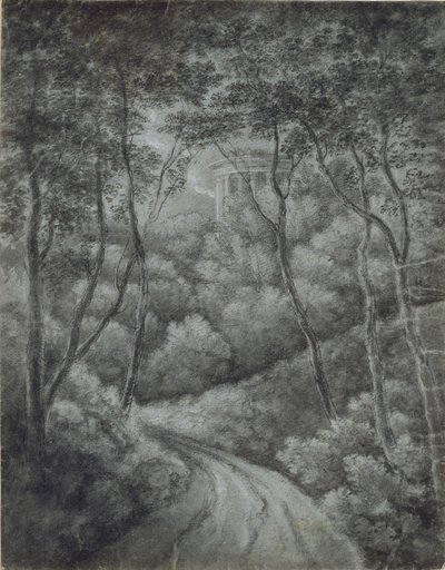 Landschap met een pad door een bos en een klassiek tempel door John Baptist Malchair