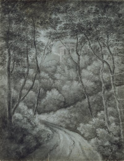 Landschap met een pad door een bos en een klassiek tempel, eind 18e eeuw door John Baptist Malchair