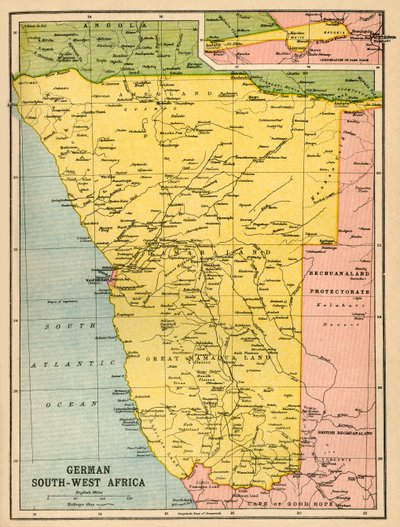 Kaart van Duits Zuidwest-Afrika, Eerste Wereldoorlog, ca. 1920 door John Bartholomew and Son