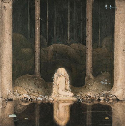 Prinses Tuvstarr kijkt nostalgisch naar het water van het meer door John Bauer