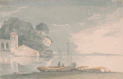 Boot en figuren aan de oever van een meer door John Baverstock Knight