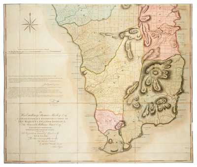 Plan van het eiland Dominica opgesteld door een daadwerkelijke enquête onder leiding van de Eerwaarde de Commissarissen voor de verkoop van land in de afgestane eilanden door John Byres Hoofdlandmeter 1776. door John Bayly