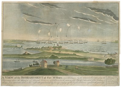 Een uitzicht op het bombardement van Fort McHenry, c. 1815 (handgekleurde aquatint op geperst papier) door John Bower