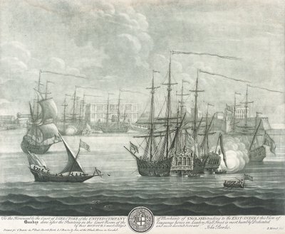 Uitzicht op Bombay (India), opgedragen aan de directeur van de Britse Oost-Indische Compagnie door John Bowles
