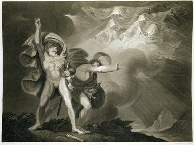 Macbeth, Banquo en de drie heksen op de heide in Act I, Scene III van Macbeth door William Shakespeare (1564-1616) gepubliceerd 1805 door John Boydell