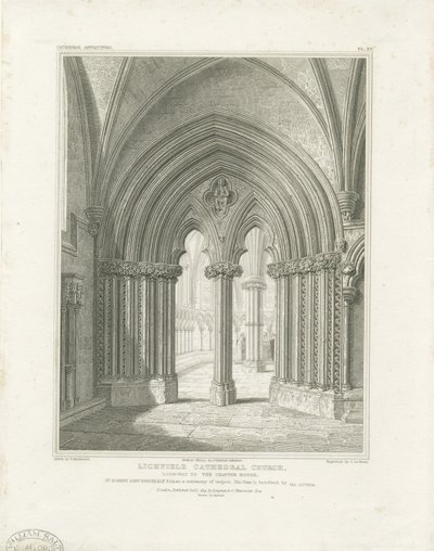 Interieur van de Kathedraal van Lichfield - Deur van de Kapittelzaal: gravure, nd [ca. 1819] (prent) door John Britton