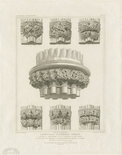 Interieur van Lichfield Cathedral - Clusterzuil in de kapittelzaal en consoles in de Mariakapel: gravure, nd [c 1819] door John Britton